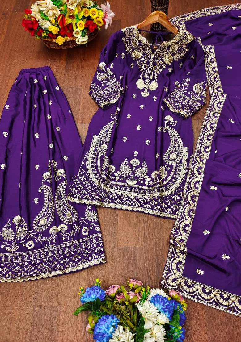 Purple Embroidered Chinon Sharara Set - Indya