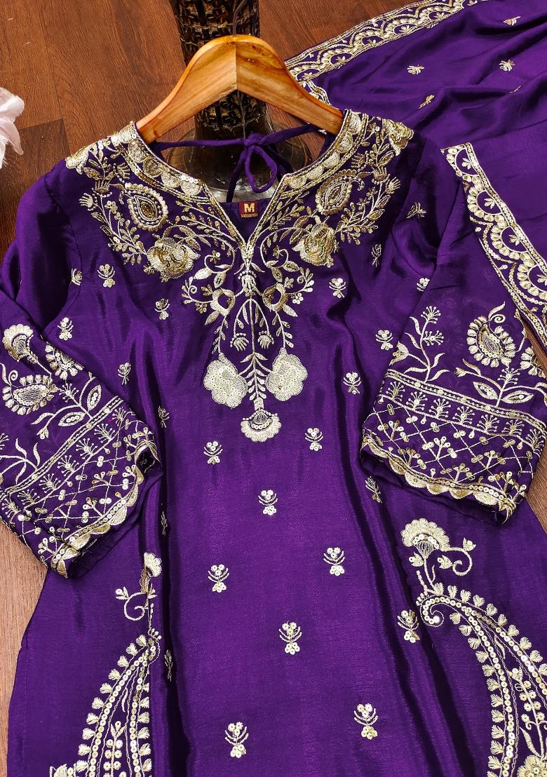 Purple Embroidered Chinon Kurta Set - Indya