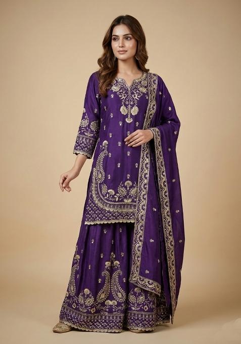 Purple Embroidered Chinon Kurta Set