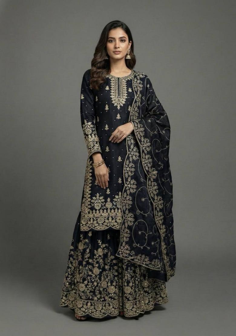 Black Embroidered Silk Kurta Set - Indya