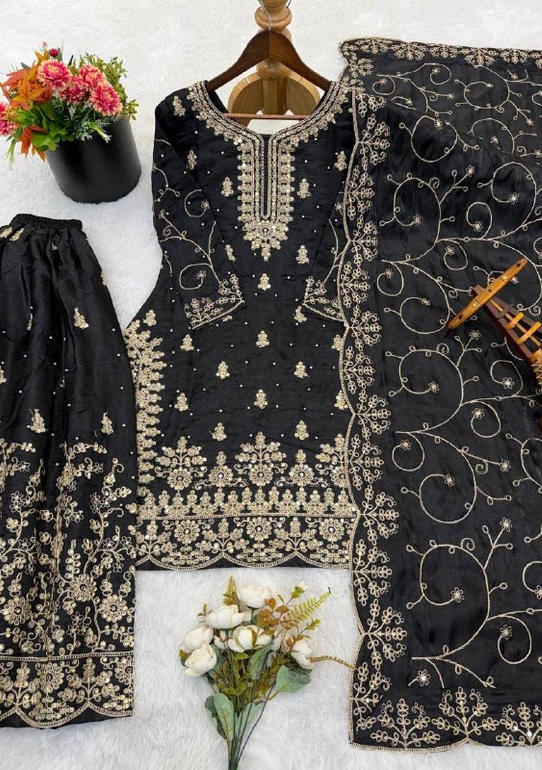 Black Embroidered Silk Kurta Set - Indya