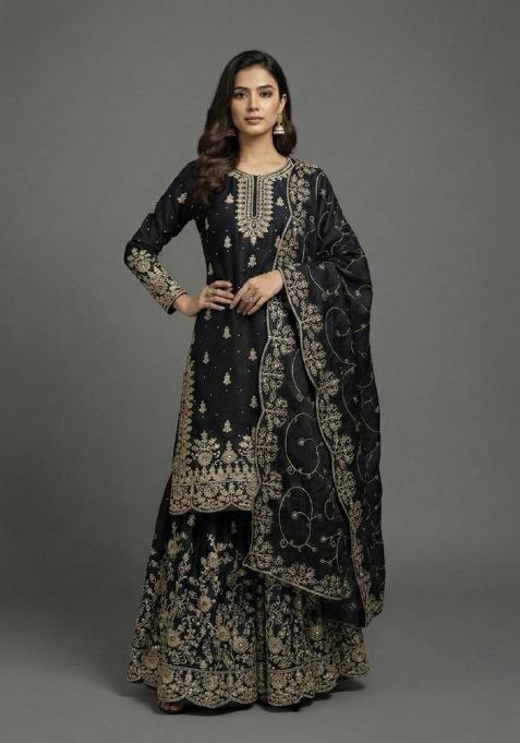 Black Embroidered Silk Kurta Set
