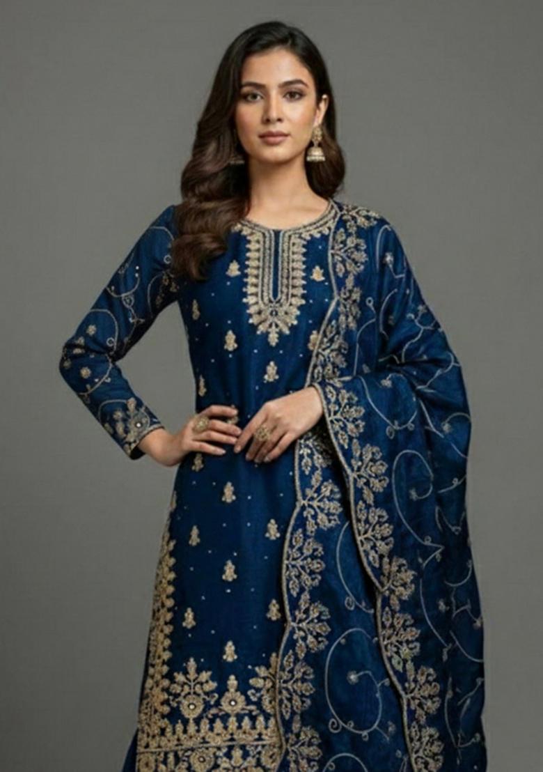 Blue Embroidered Silk Kurta Set - Indya