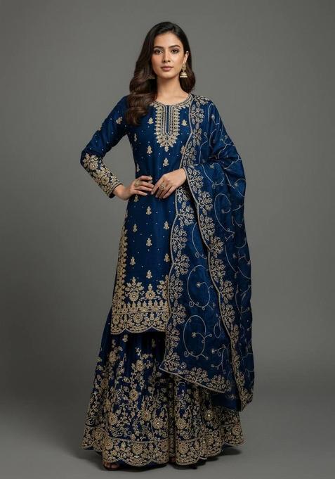 Blue Embroidered Silk Kurta Set