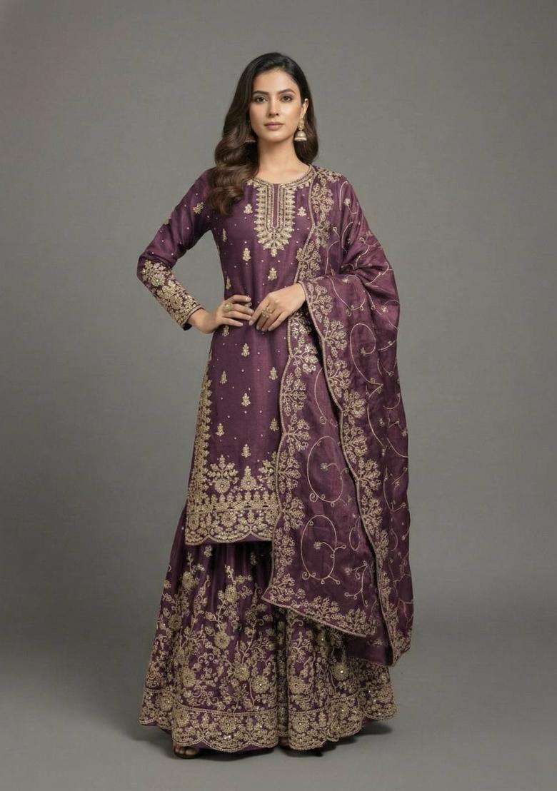 Purple Embroidered Silk Kurta Set - Indya