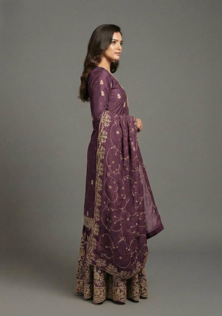 Purple Embroidered Silk Kurta Set - Indya