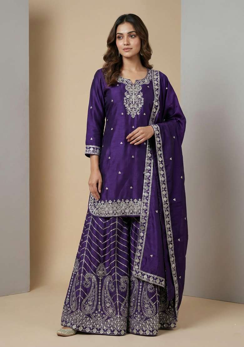 Purple Embroidered Chinon Sharara Set - Indya