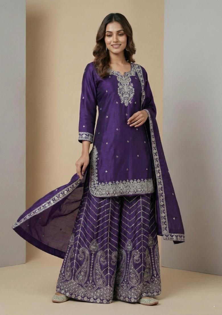 Purple Embroidered Chinon Kurta Set - Indya