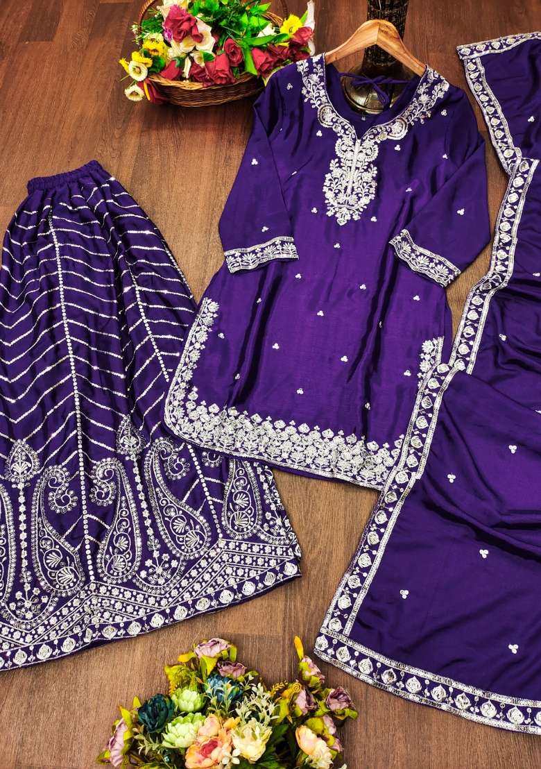 Purple Embroidered Chinon Sharara Set - Indya