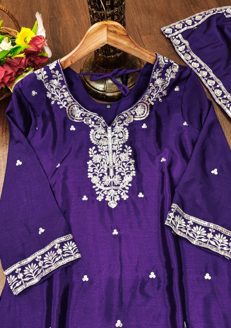 Purple Embroidered Chinon Kurta Set - Indya
