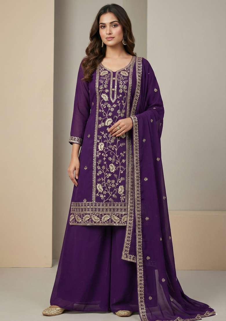 Purple Embroidered Georgette Sharara Set - Indya