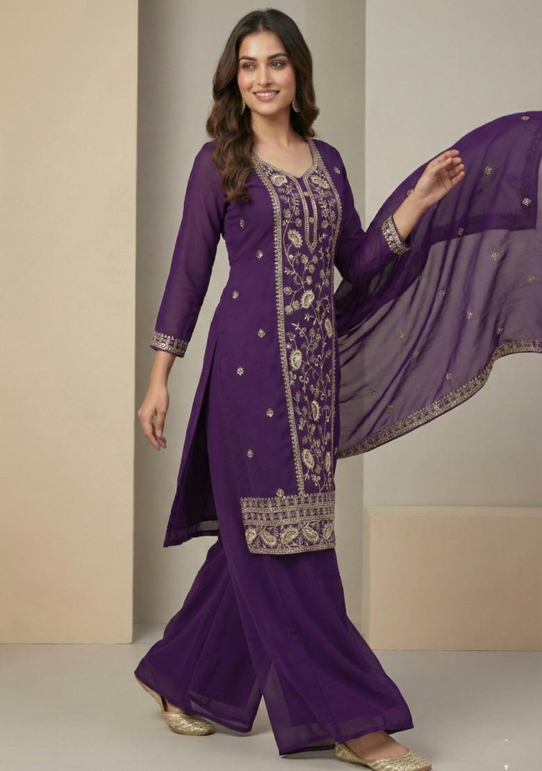 Purple Embroidered Georgette Kurta Set - Indya