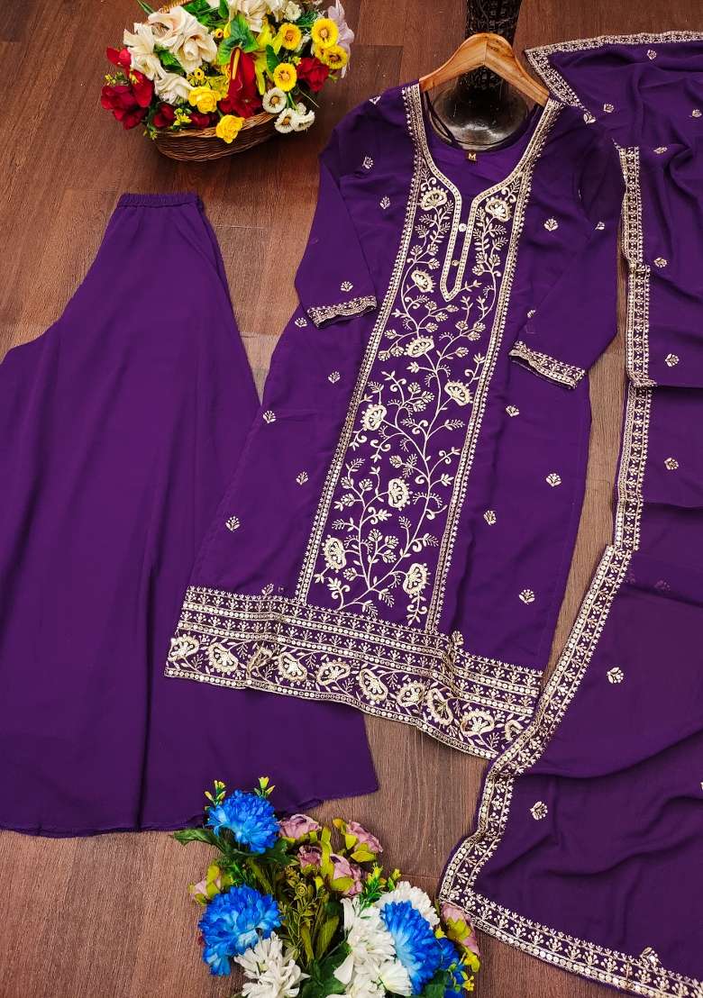 Purple Embroidered Georgette Sharara Set - Indya