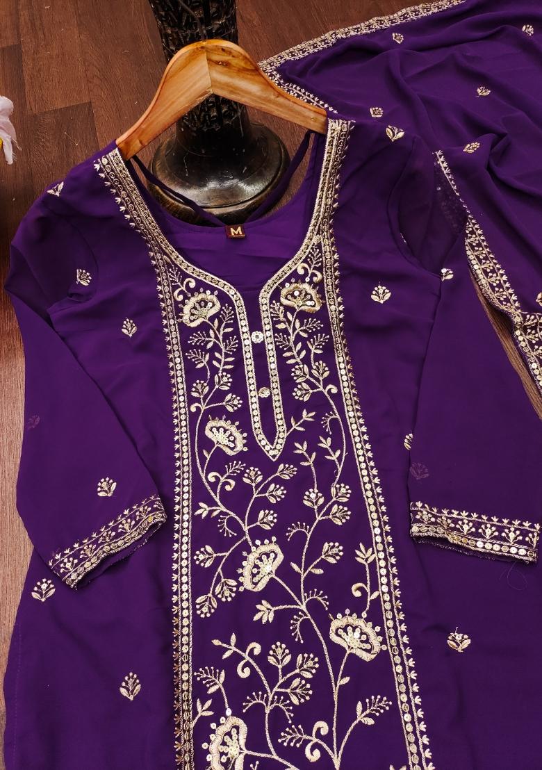 Purple Embroidered Georgette Kurta Set - Indya
