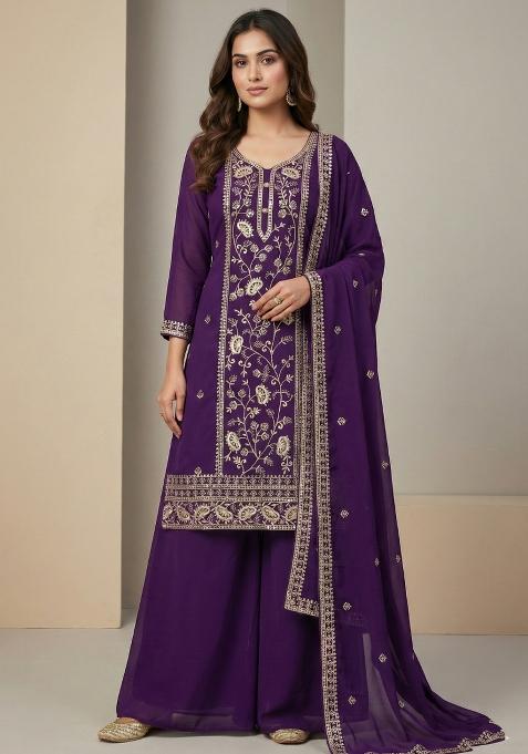 Purple Embroidered Georgette Kurta Set