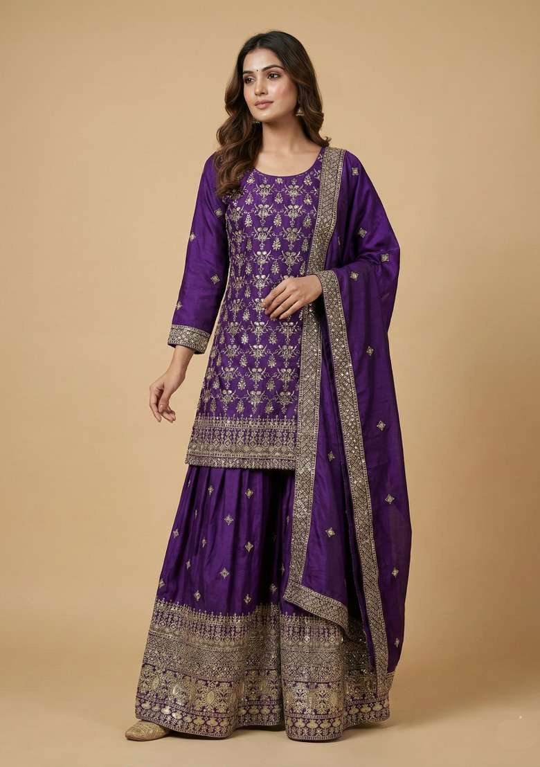 Purple Embroidered Chinon Sharara Set - Indya