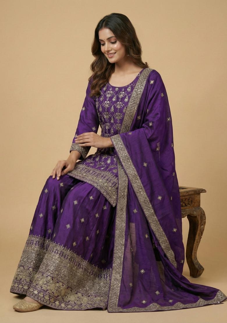Purple Embroidered Chinon Kurta Set - Indya