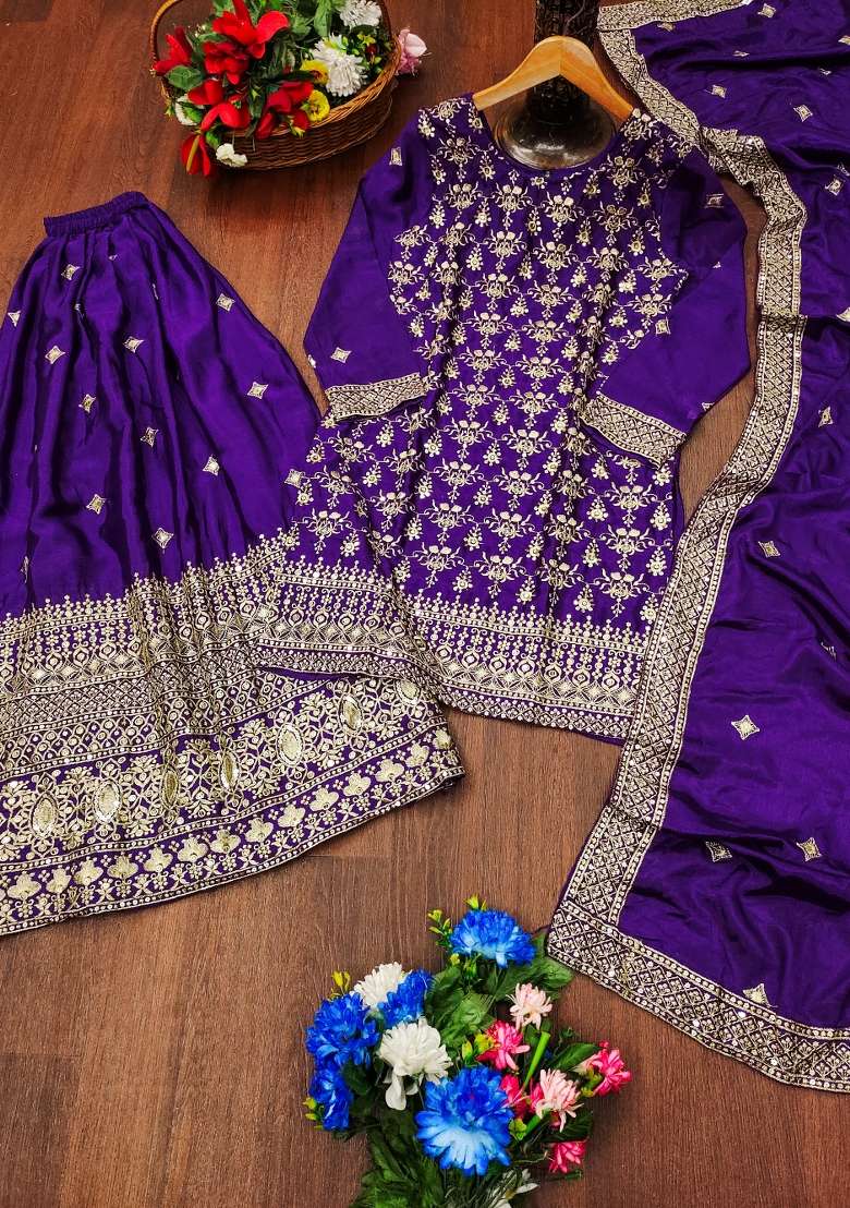 Purple Embroidered Chinon Sharara Set - Indya