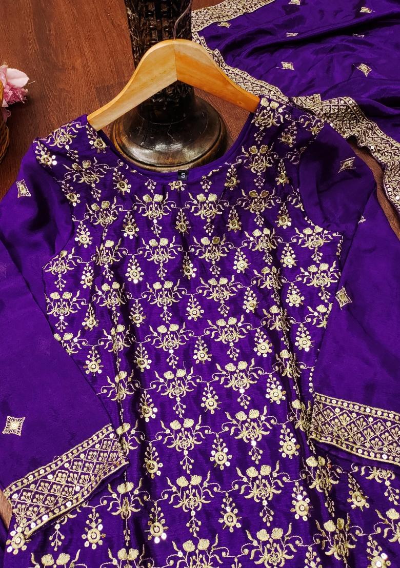 Purple Embroidered Chinon Kurta Set - Indya