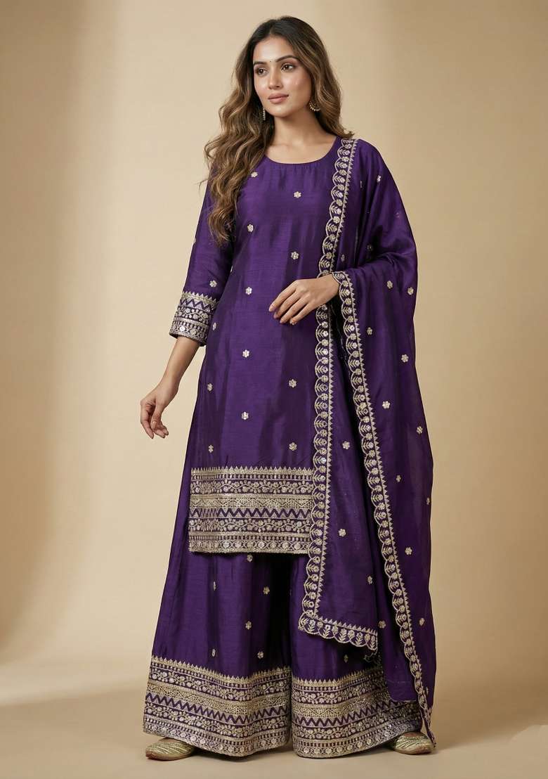Purple Embroidered Chinon Sharara Set - Indya