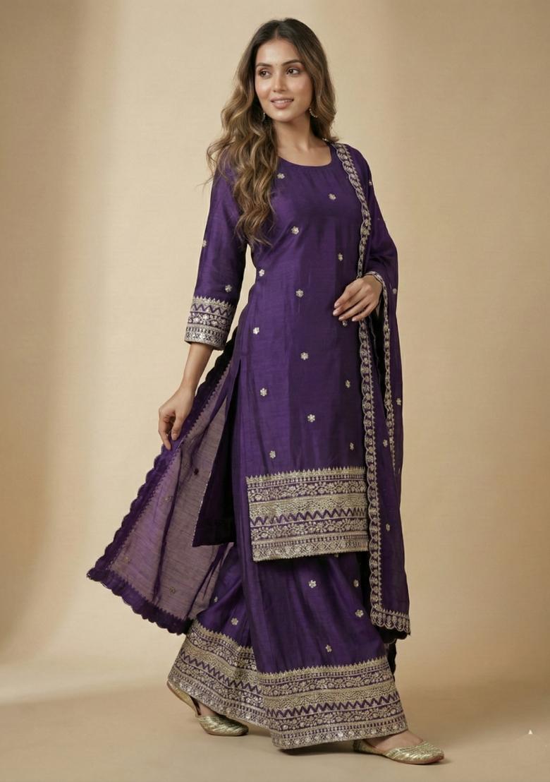 Purple Embroidered Chinon Kurta Set - Indya