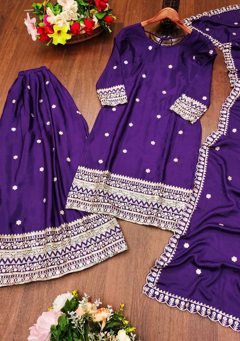 Purple Embroidered Chinon Sharara Set - Indya