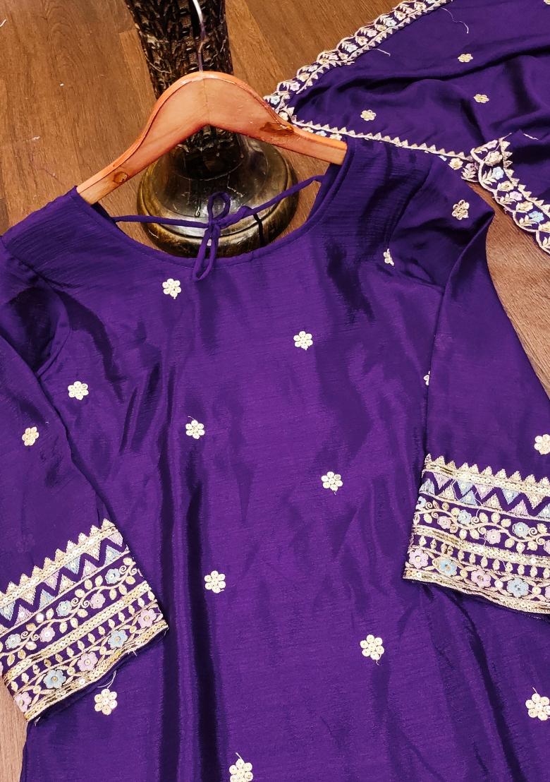Purple Embroidered Chinon Kurta Set - Indya