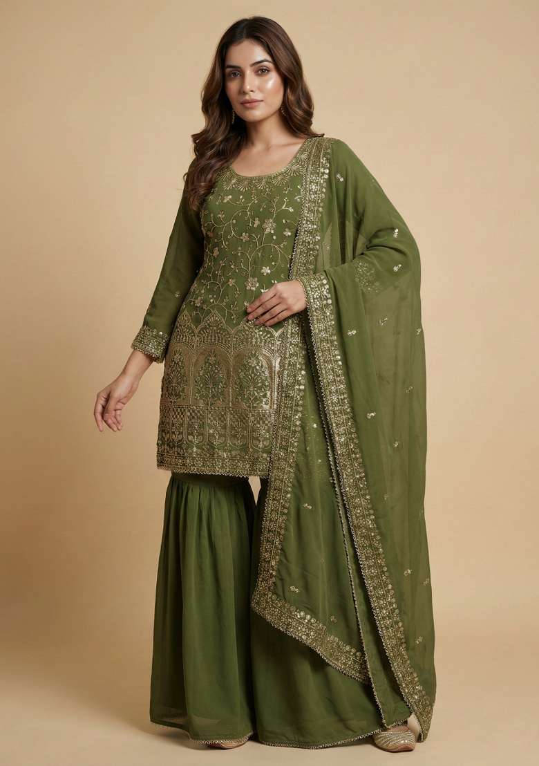 Pista Embroidered Georgette Sharara Set - Indya