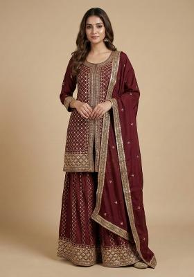 Maroon Embroidered Chinon Kurta Set