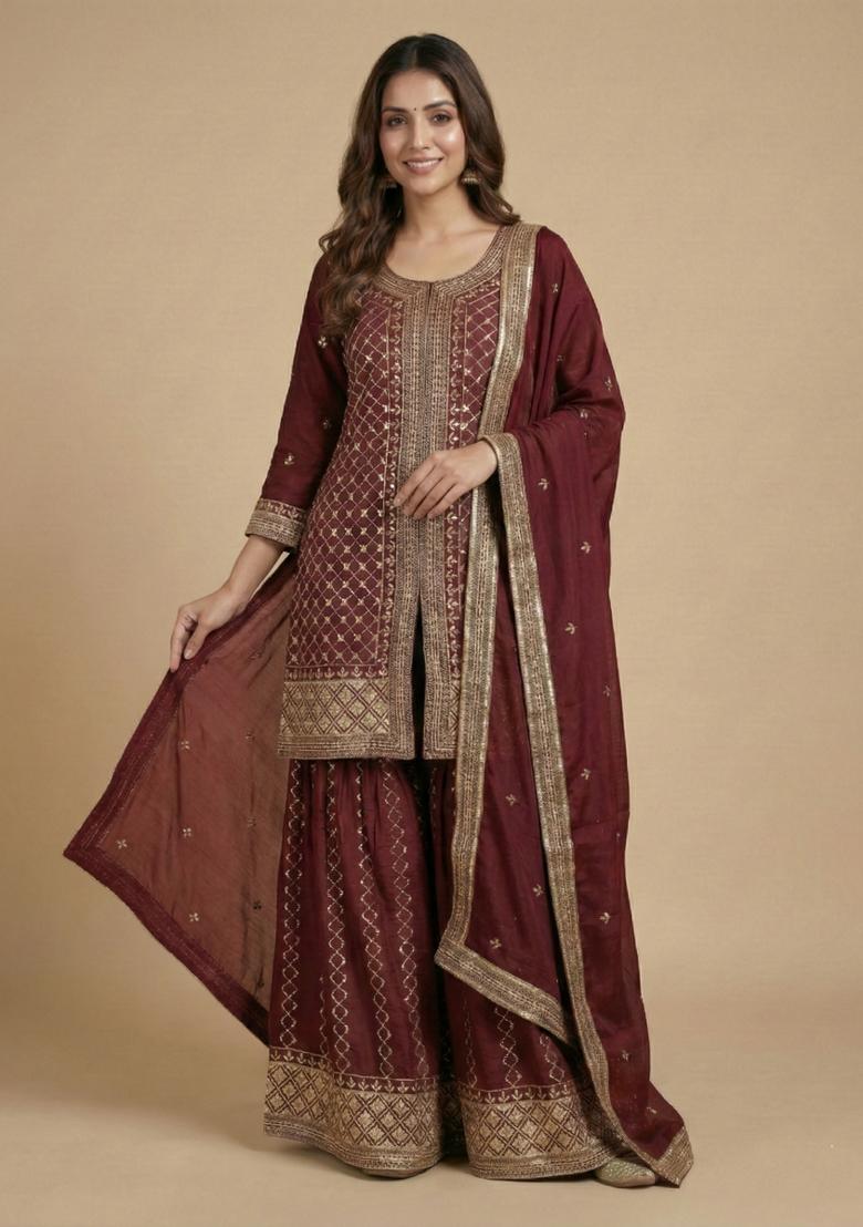 Maroon Embroidered Chinon Kurta Set - Indya
