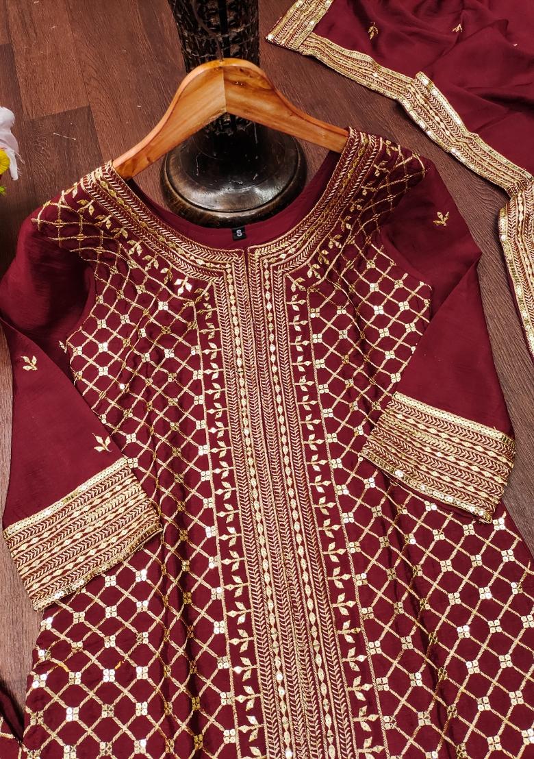 Maroon Embroidered Chinon Kurta Set - Indya
