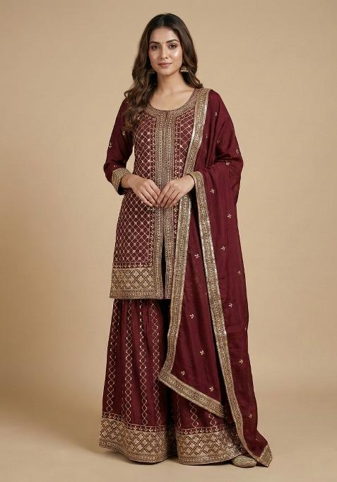 Maroon Embroidered Chinon Kurta Set