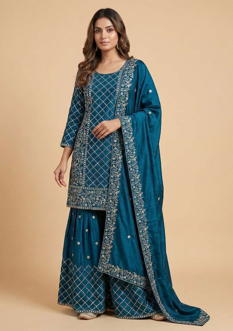 Teal Blue Embroidered Chinon Sharara Set - Indya