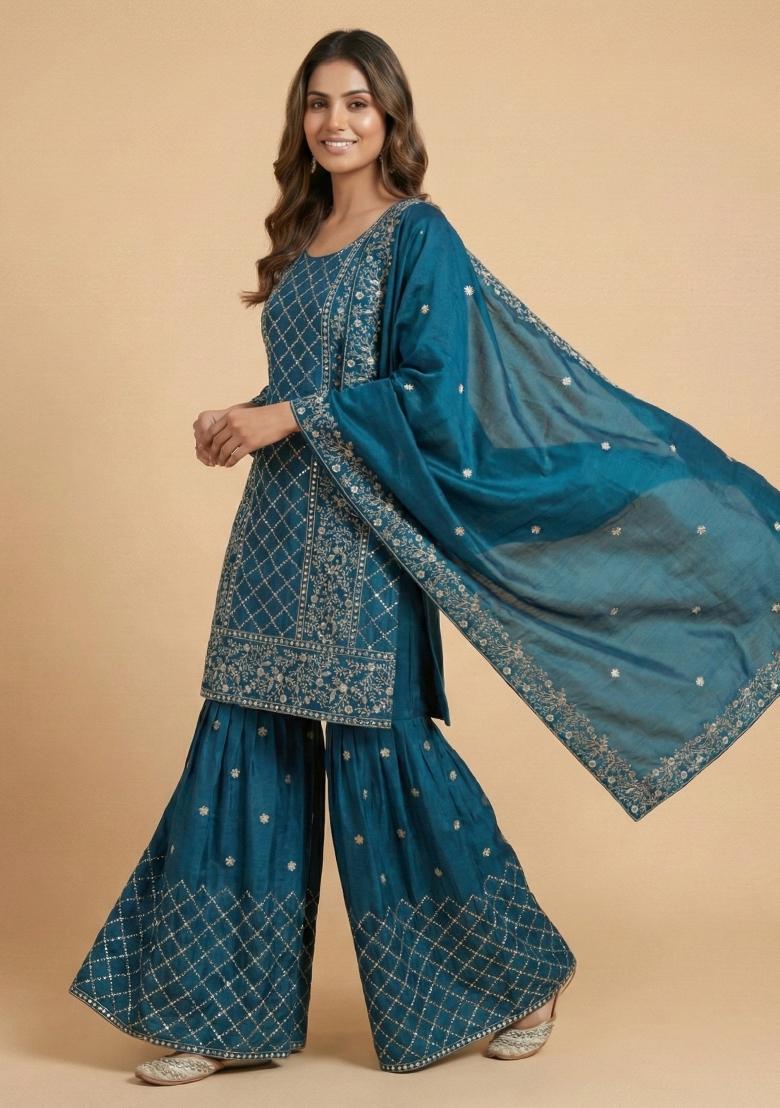 Teal Blue Embroidered Chinon Kurta Set - Indya