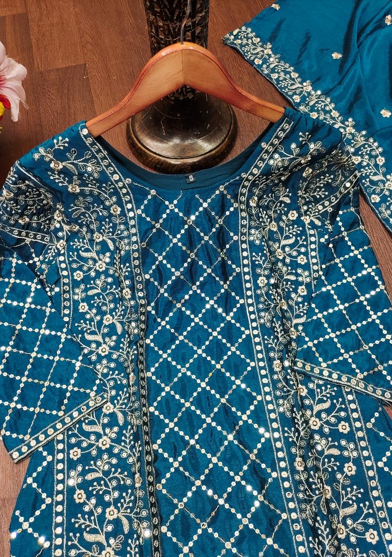 Teal Blue Embroidered Chinon Kurta Set - Indya