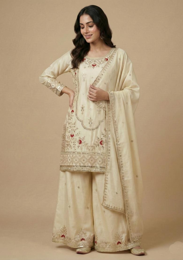 Cream Embroidered Crepe Kurta Set - Indya
