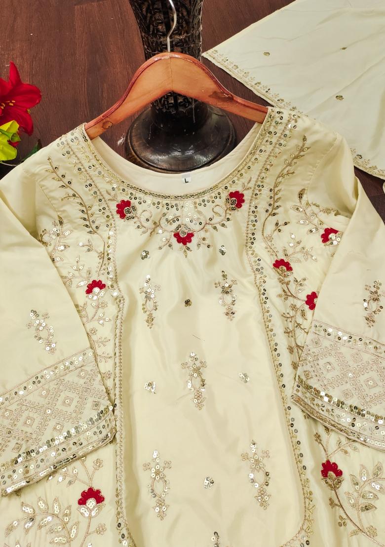 Cream Embroidered Crepe Kurta Set - Indya