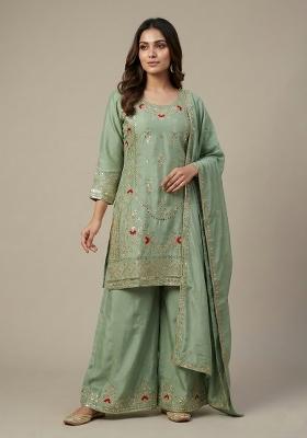 Sea Green Embroidered Crepe Kurta Set