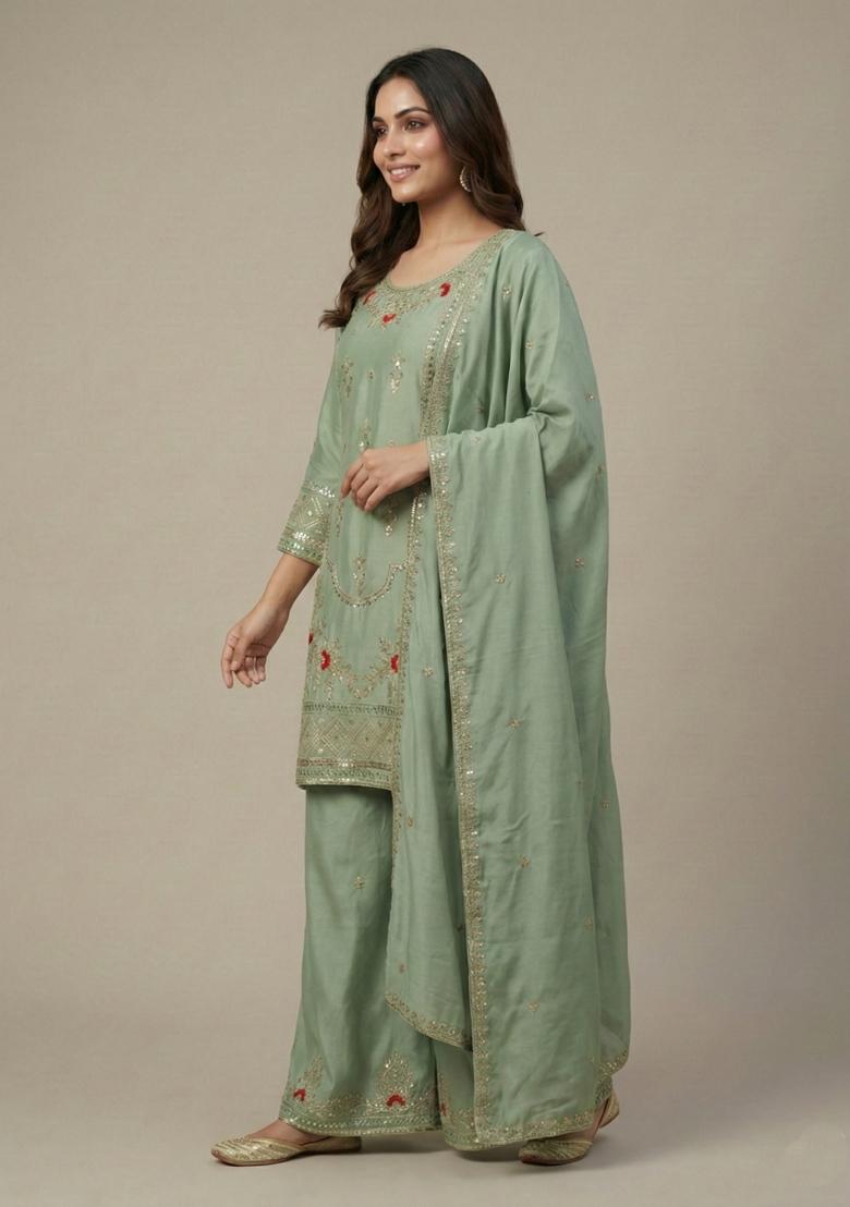Sea Green Embroidered Crepe Kurta Set - Indya