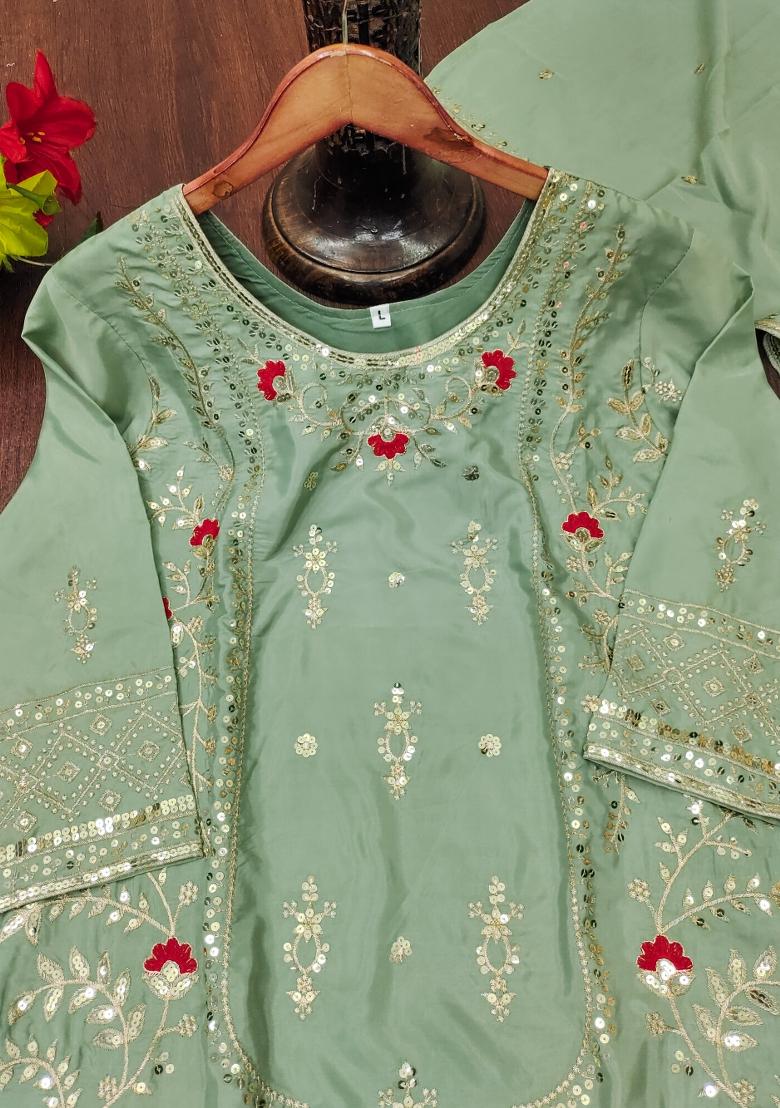 Sea Green Embroidered Crepe Kurta Set - Indya