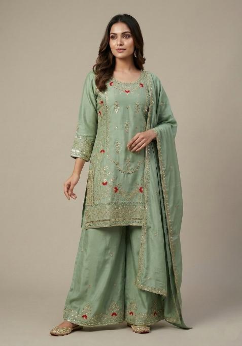 Sea Green Embroidered Crepe Kurta Set