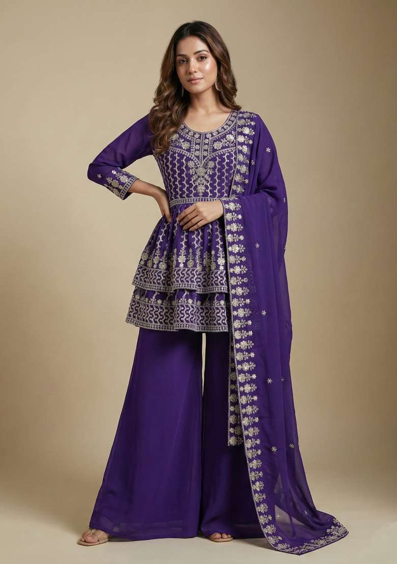 Purple Embroidered Georgette Sharara Set - Indya