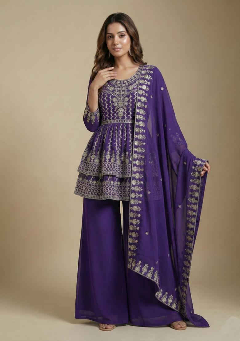 Purple Embroidered Georgette Kurta Set - Indya