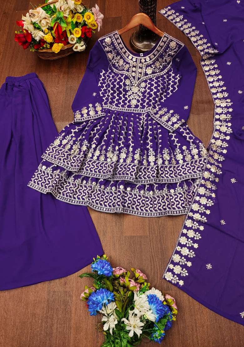 Purple Embroidered Georgette Sharara Set - Indya