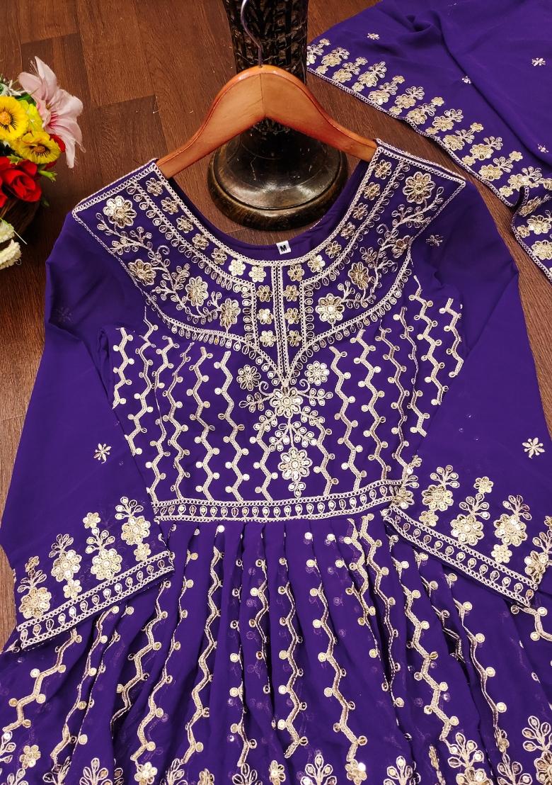 Purple Embroidered Georgette Kurta Set - Indya