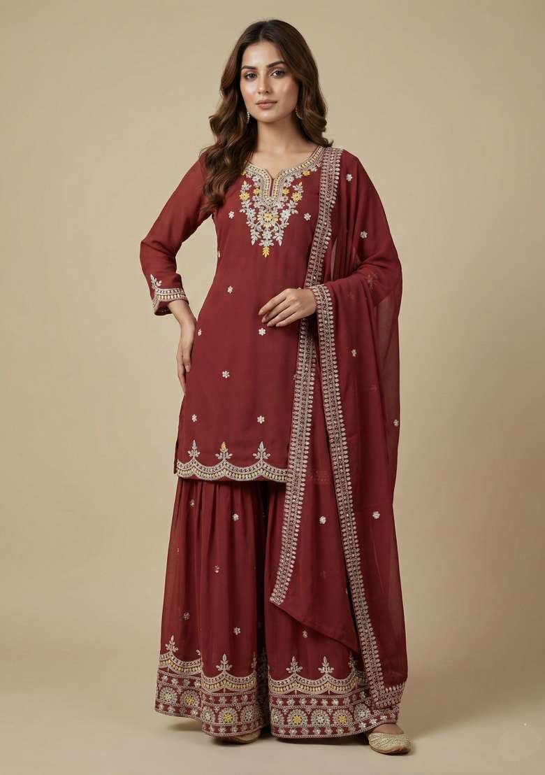 Maroon Embroidered Georgette Sharara Set - Indya