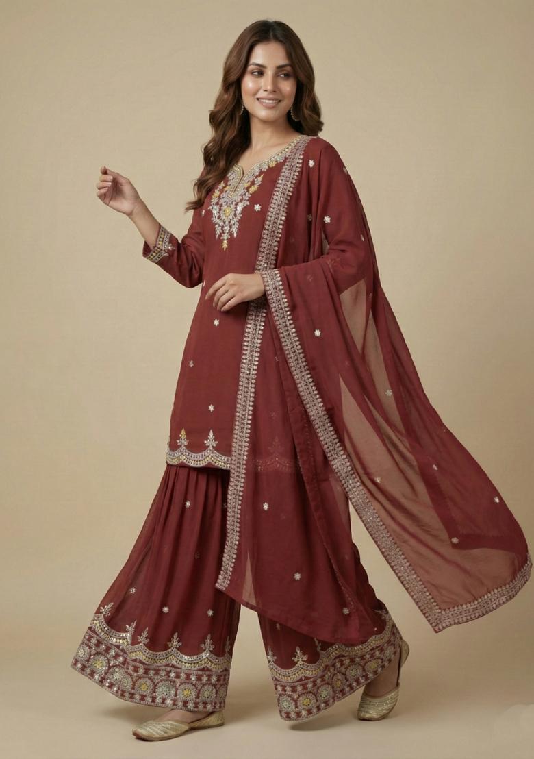 Maroon Embroidered Georgette Kurta Set - Indya