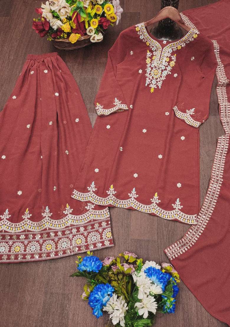 Maroon Embroidered Georgette Sharara Set - Indya