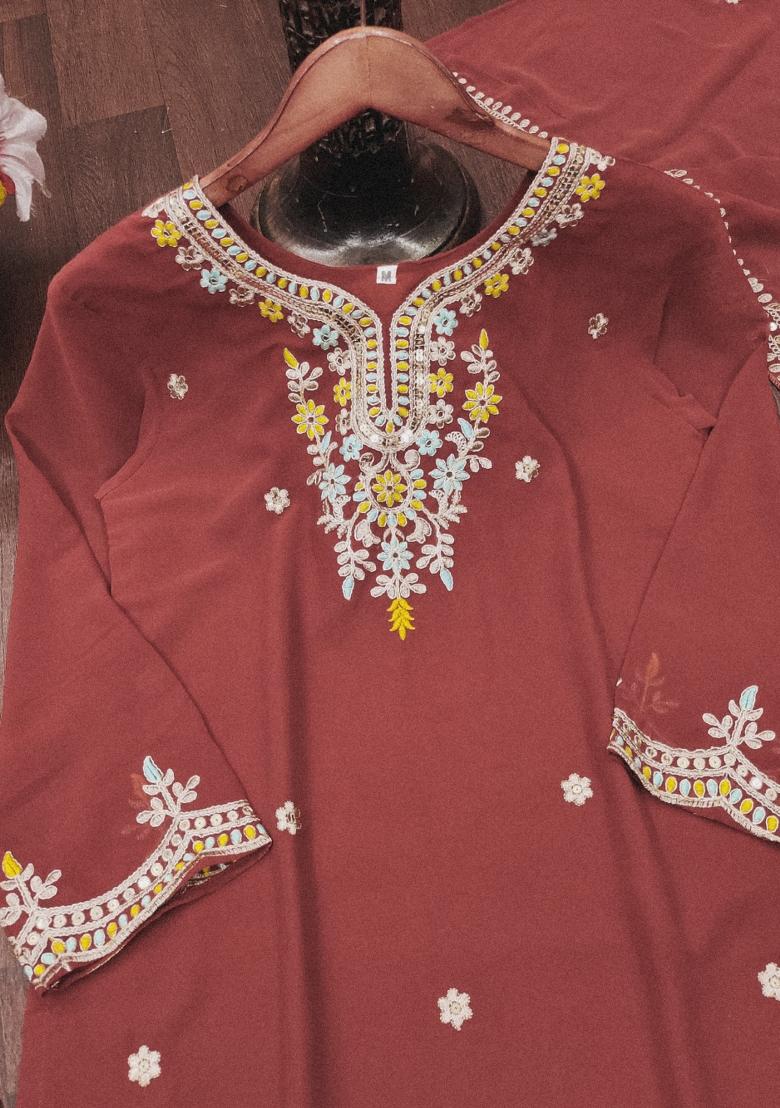Maroon Embroidered Georgette Kurta Set - Indya