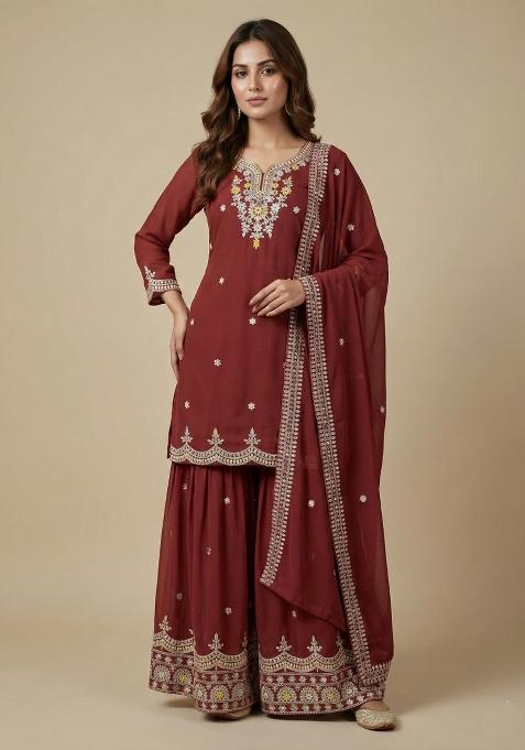 Maroon Embroidered Georgette Kurta Set